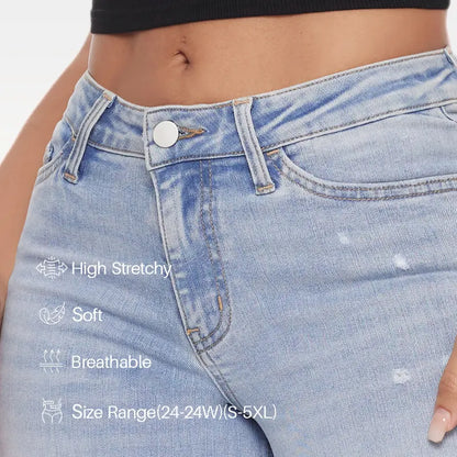 ONESO Mid‑Low Rise Baggy Jeans Stretchy Wide Leg for Women Distressed Denim Pants