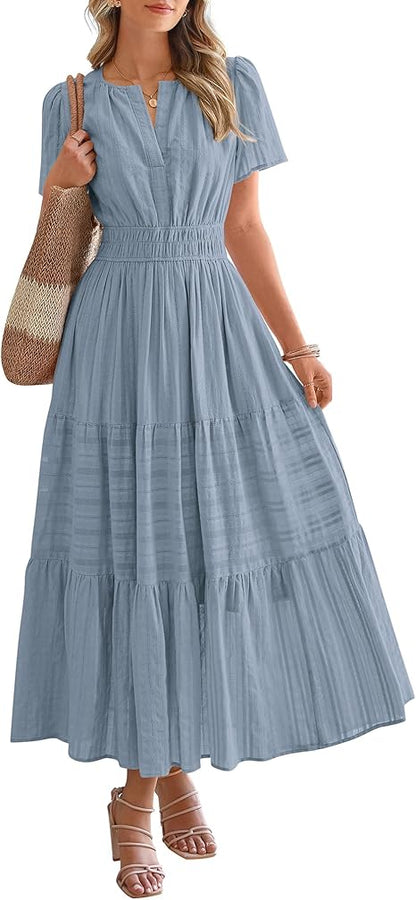 BTFBM Womens Summer 2025 Casual Midi Maxi Dresses Lightweight Short Sleeve V Neck Elastic Waist Boho Beach Dress Pockets
